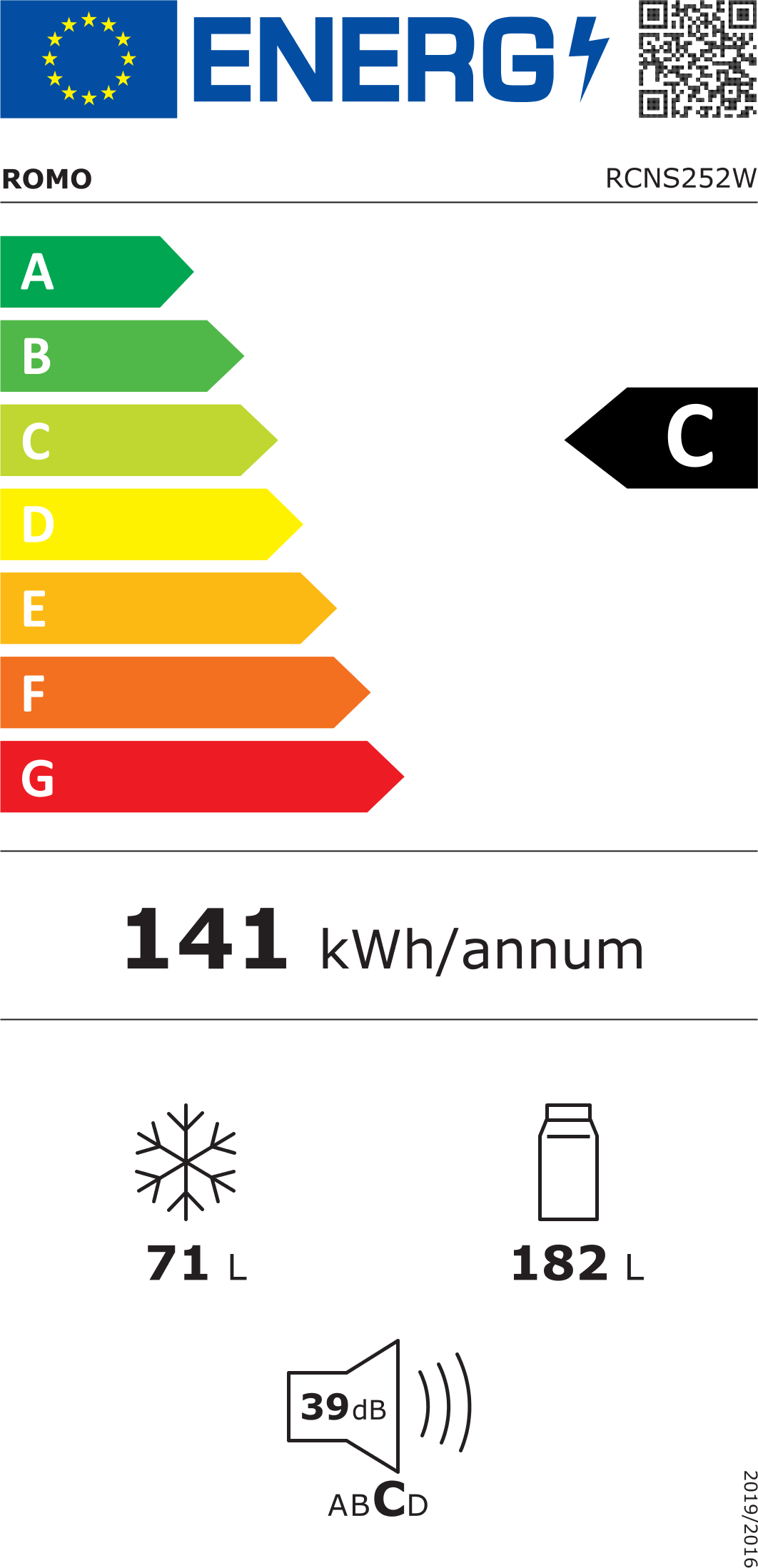 CHLADNIČKA KOMBINOVANÁ RCNS252W - energetický štítek