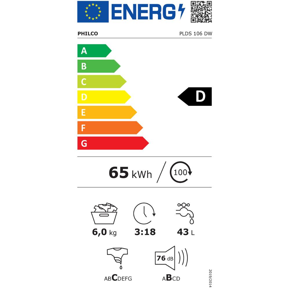 PLDS 106 DW automatická pračka PHILCO - energetický štítek