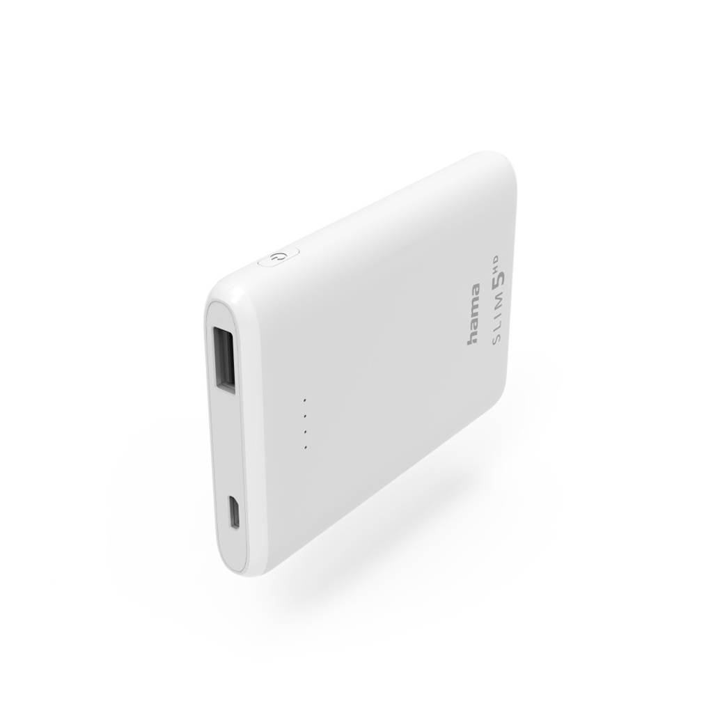 Hama SLIM 5HD, powerbanka, 5000 mAh, 1 A, výstup: USB-A, bílá