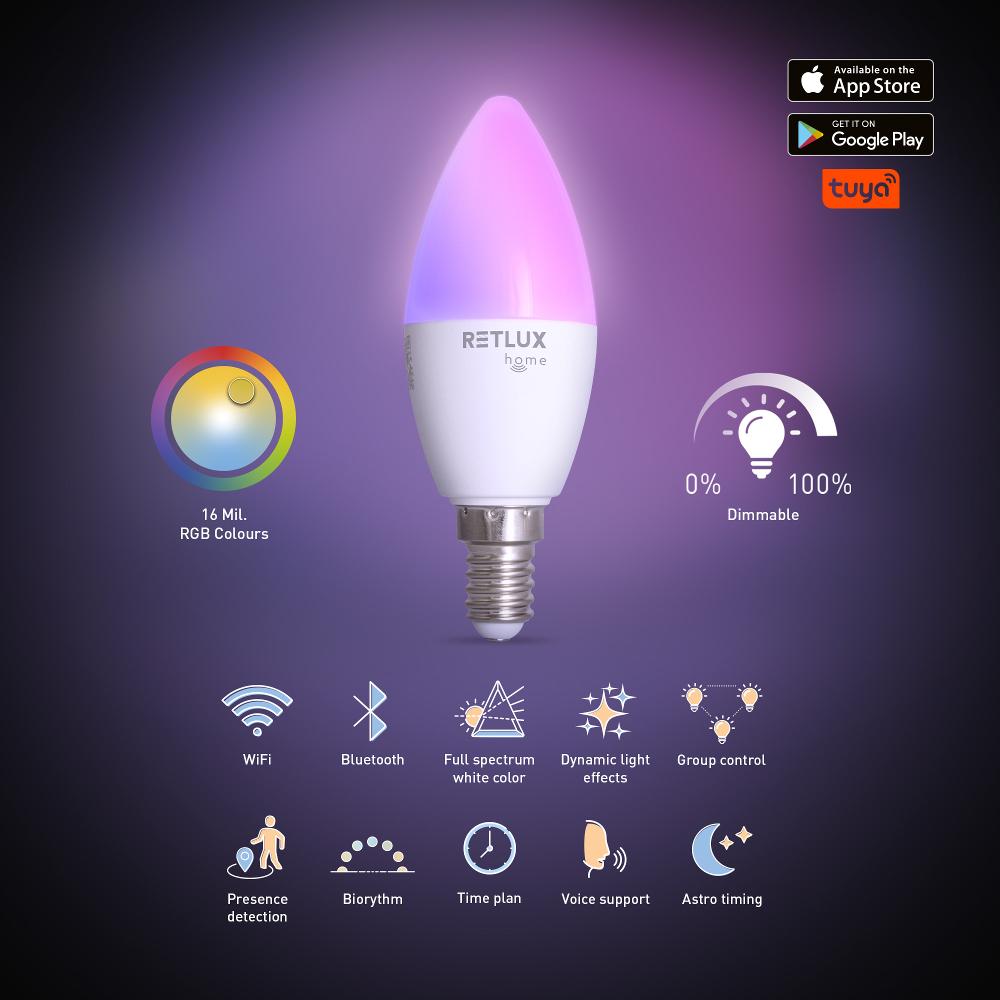 RSH 100 C37 E14 žár. 4,5W RGB CCT RETLUX LED SMART žárovka