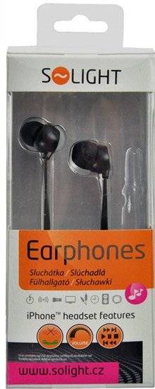 Solight minisluchátka s mikrofonem, iPhone ready, 10mm, stereo, černá