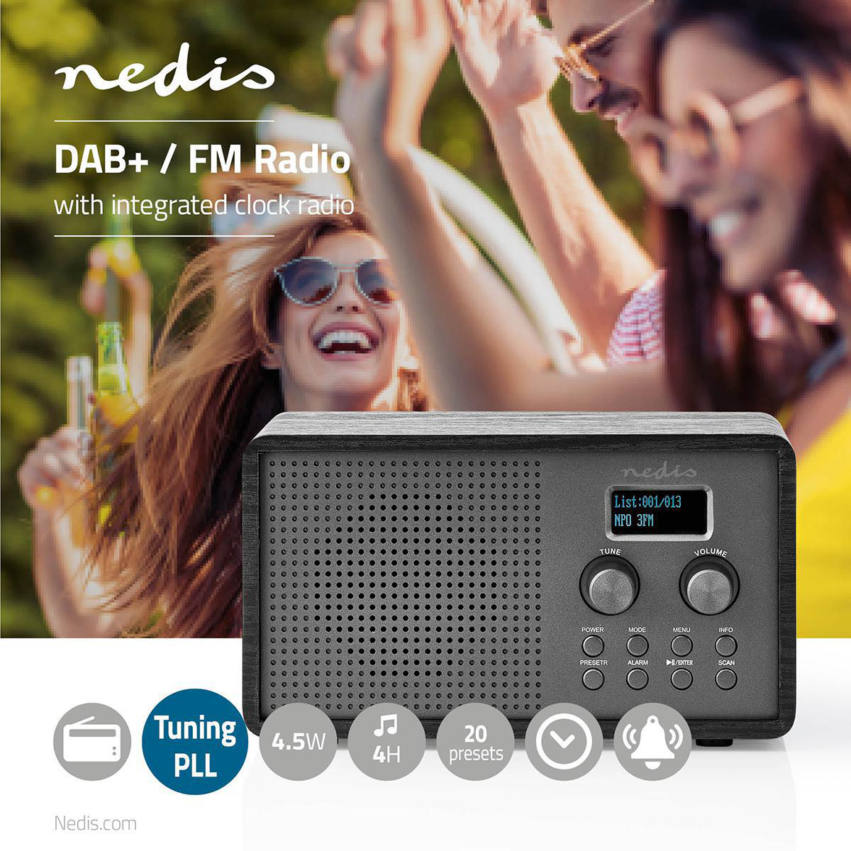 DAB+ Rádio Stolní Provedení | DAB+ / FM | 1.3 " | Černo-bílý displej | Napájení z baterie | Digitální | 4.5 W | Budík | Černá