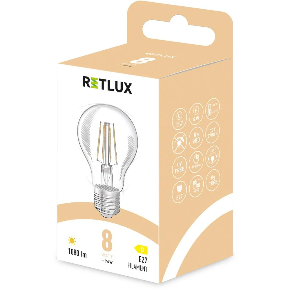 RFL 602 Fil. A60 E27 bulb 8W WW D RETLUX LED žárovka filament