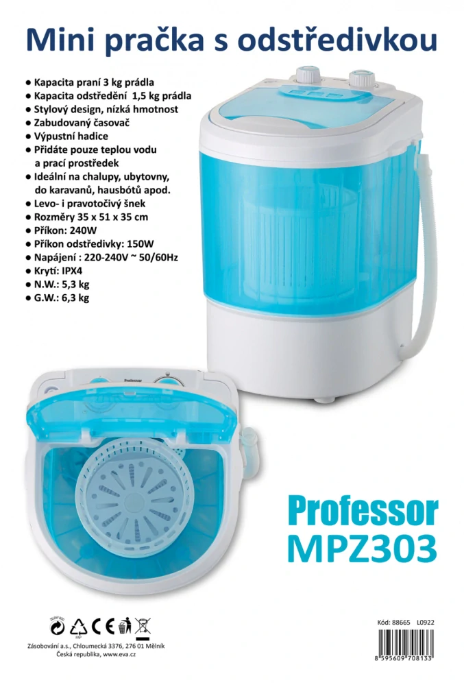 Pračka s odstředivkou Professor MPZ303 mini na 3kg prádla