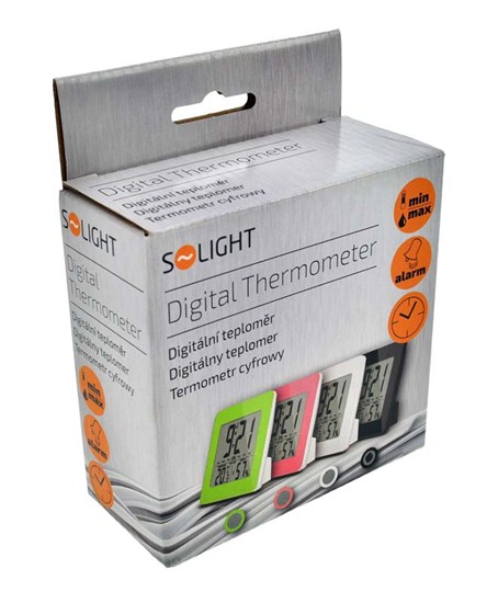Solight teploměr, teplota, vlhkost, budík, LCD displej, černý rámeček