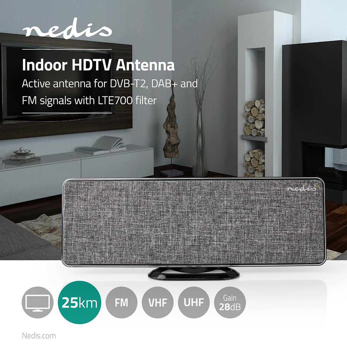 Pokojová HDTV Anténa | 0-25 km | Zesílení 28 dB | FM/VHF/UHF | Šedá