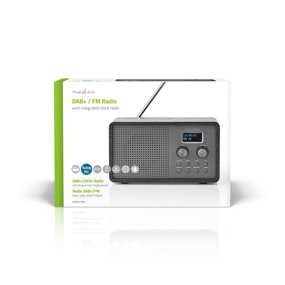 DAB+ Rádio Stolní Provedení | DAB+ / FM | 1.3 " | Černo-bílý displej | Napájení z baterie | Digitální | 4.5 W | Budík | Černá