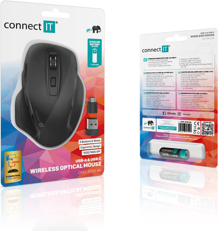 Myš Connect IT Dual SmartSwitch USB/USB-C / optická/ 6 tlačítek/ 1600DPI - černá