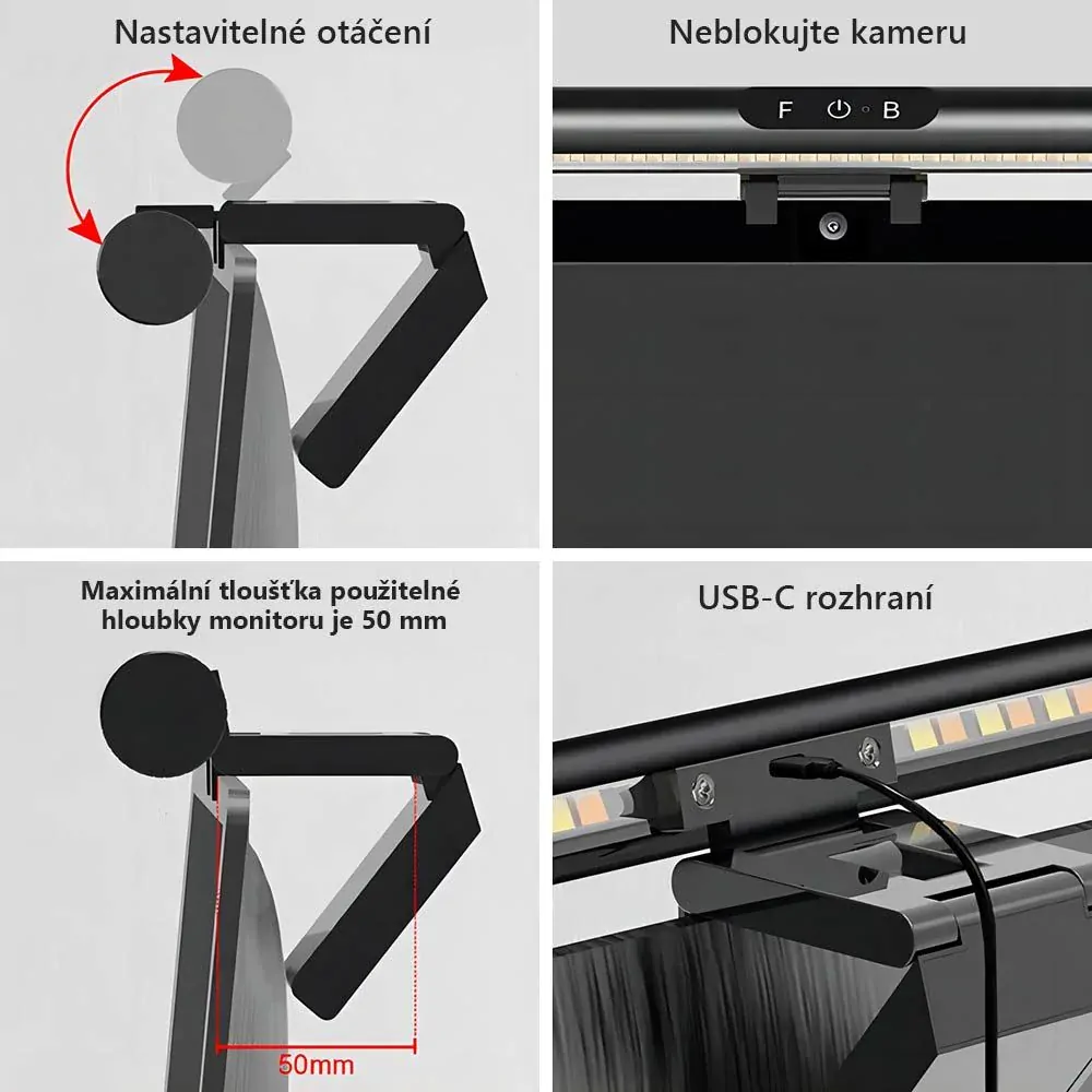 LED svítidlo na monitor 5W, 3000 - 6000 K, černé, 42cm, USB, stmívatelné