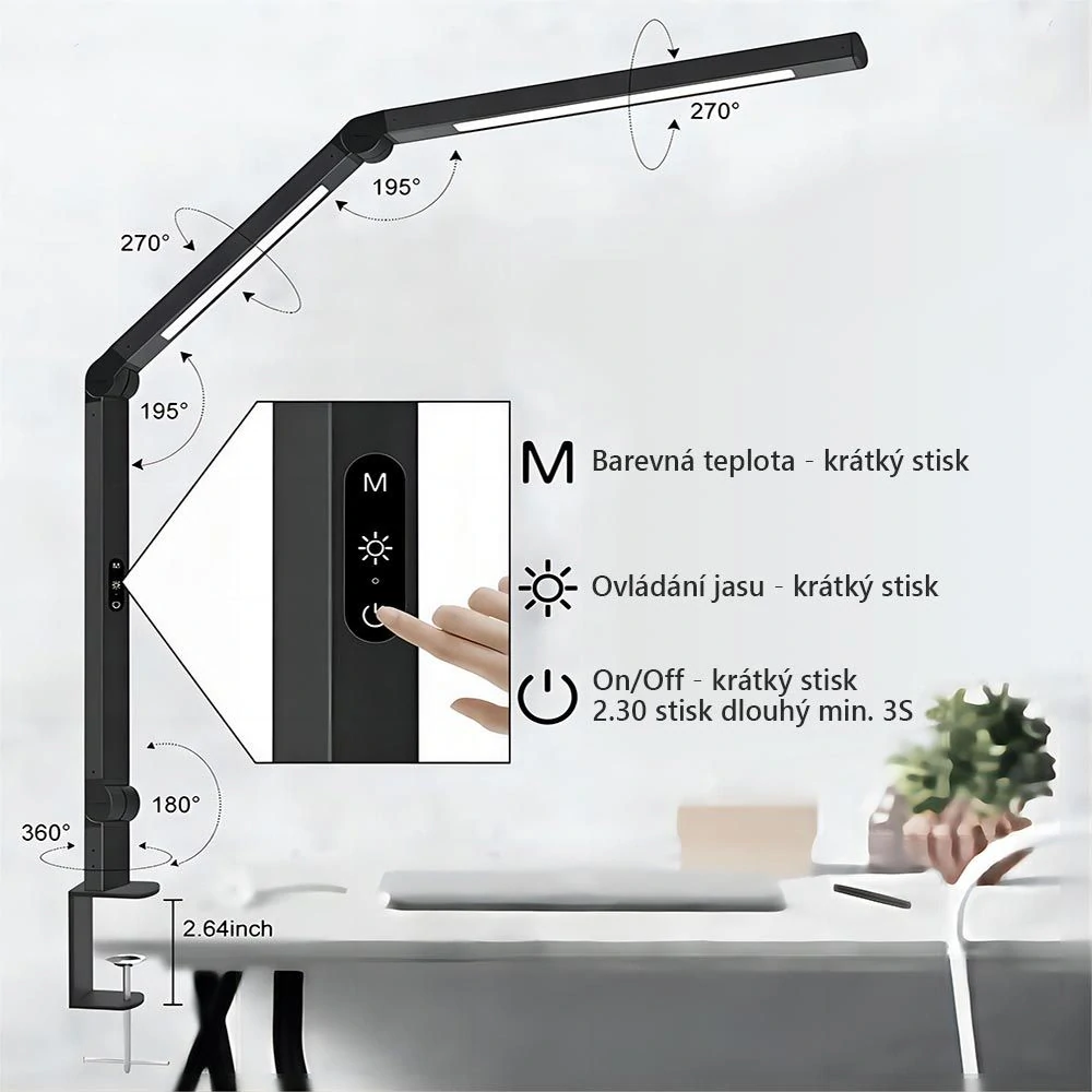 LED stolní pracovní lampa 12W, 3000 - 6500 K, Ra >92, stmívatelná, černá, šroub