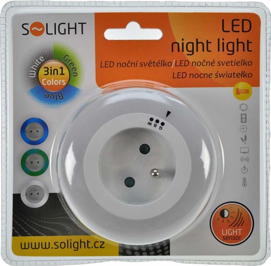 Solight noční LED světélko s průběžnou zásuvkou, volitelné 3 barvy světla, senzo