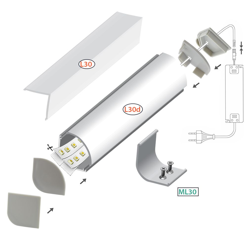 AL profil FKU95 L30/ML30 pro LED, bez plexi, 2m, elox