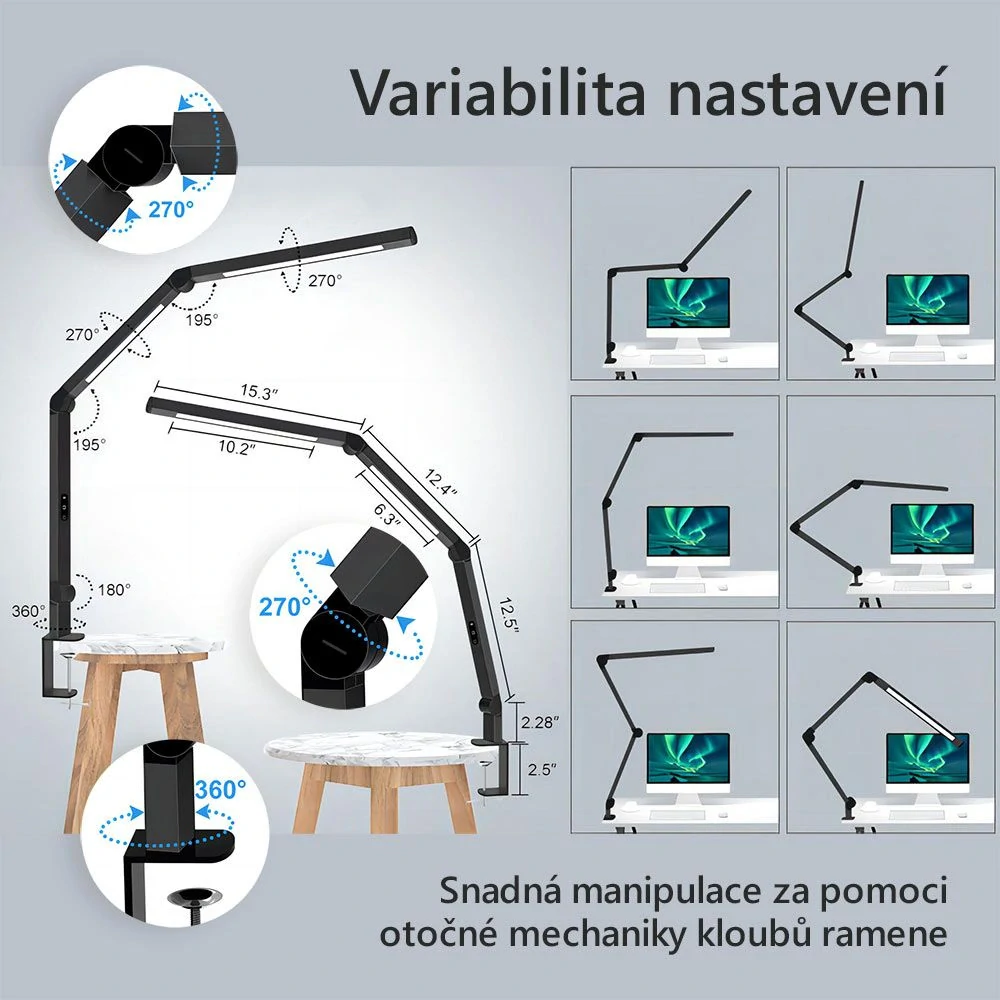 LED stolní pracovní lampa 12W, 3000 - 6500 K, Ra >92, stmívatelná, černá, šroub