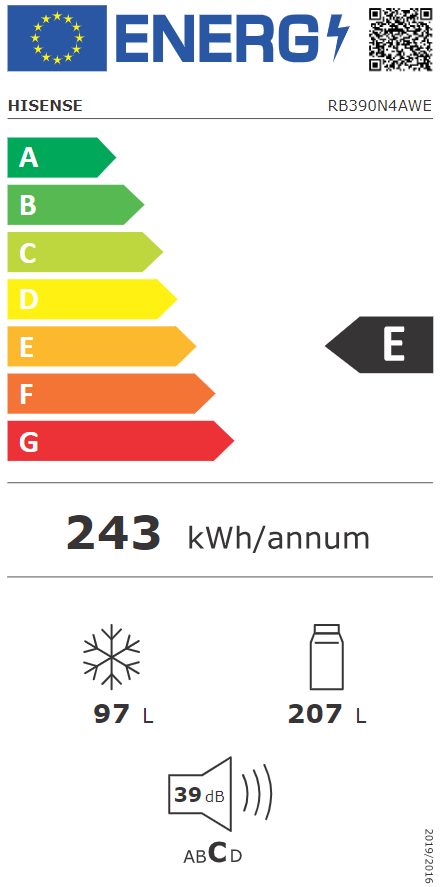 Hisense RB390N4AWE Kombinovaná lednice - energetický štítek